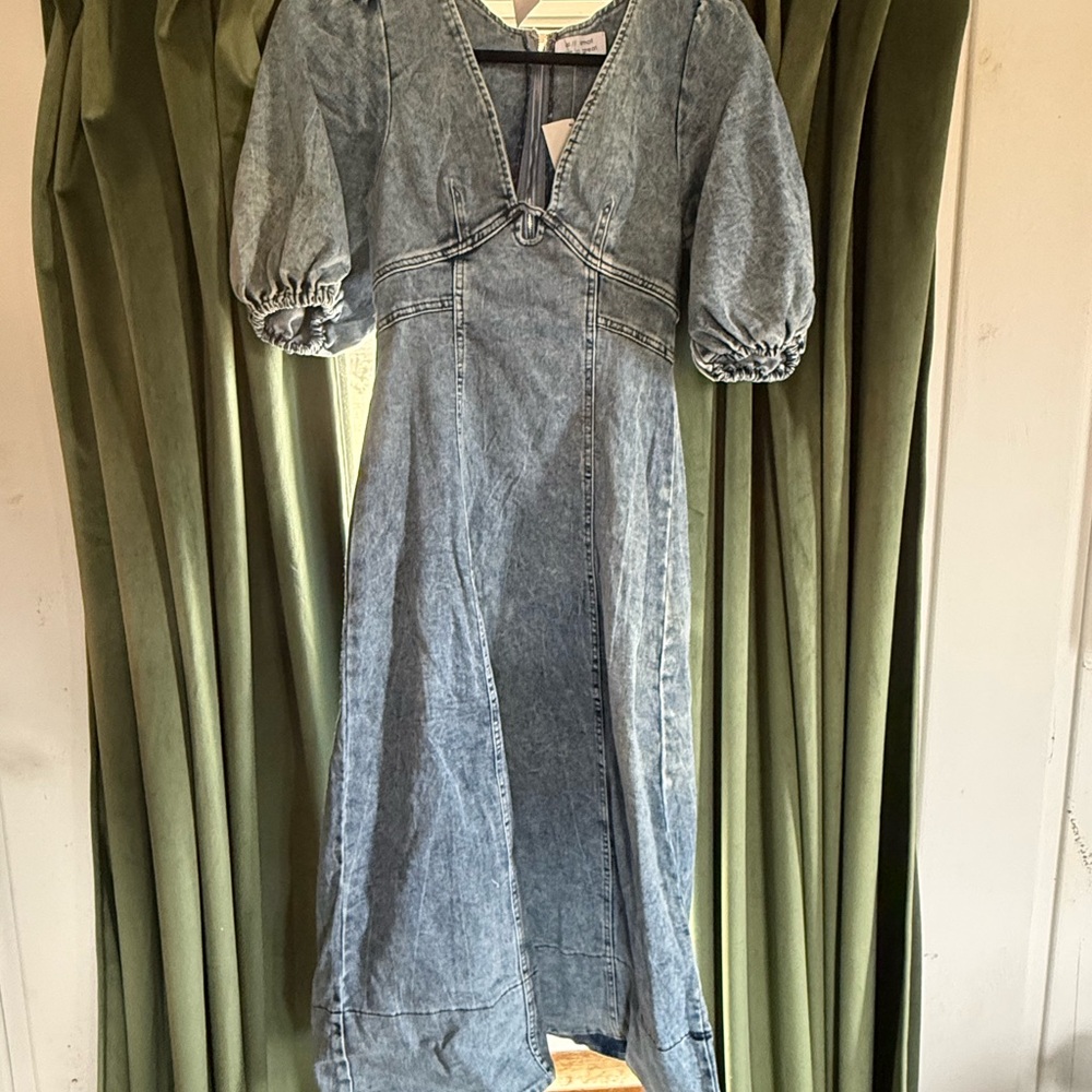 Washed Light Blue Denim Midi Dress with Puff Sleeves